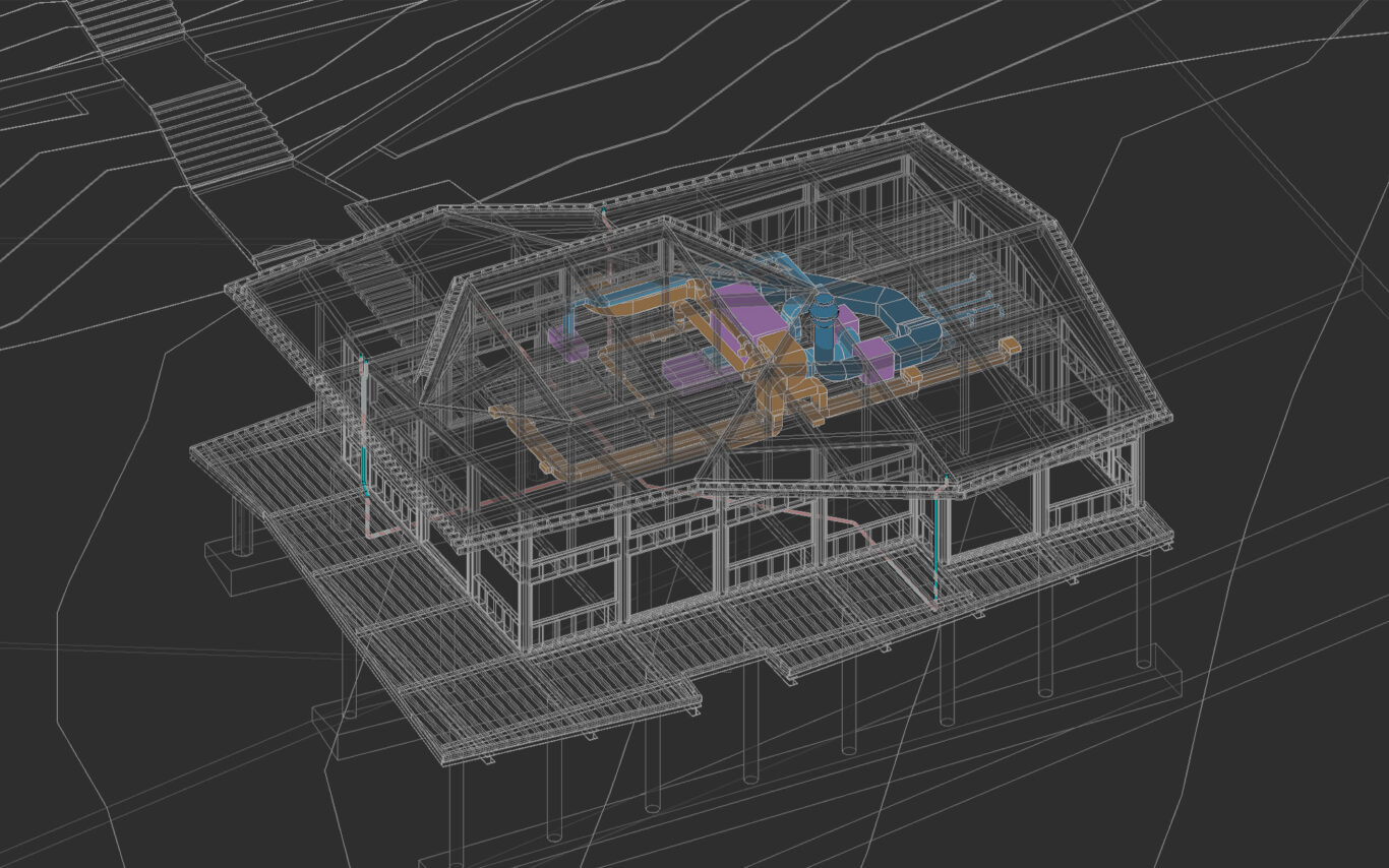 BIM-model van een paviljoen op palen, met houten draagconstructie, ventilatiekanalen en installaties in kleur en de hoogtelijnen van het terrein, ontworpen door BINT architecten